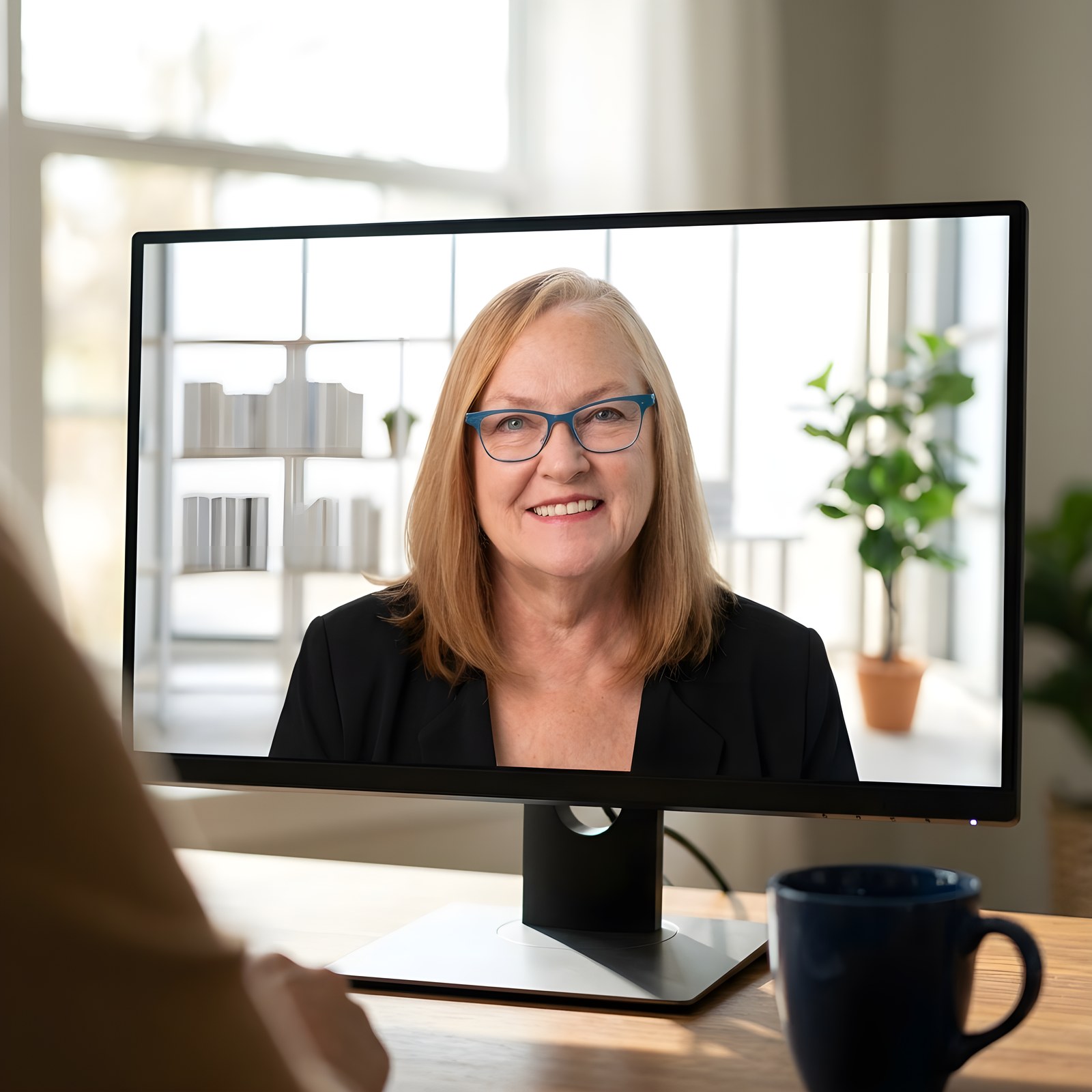 Melissa on a video therapy session, seen on a monitor